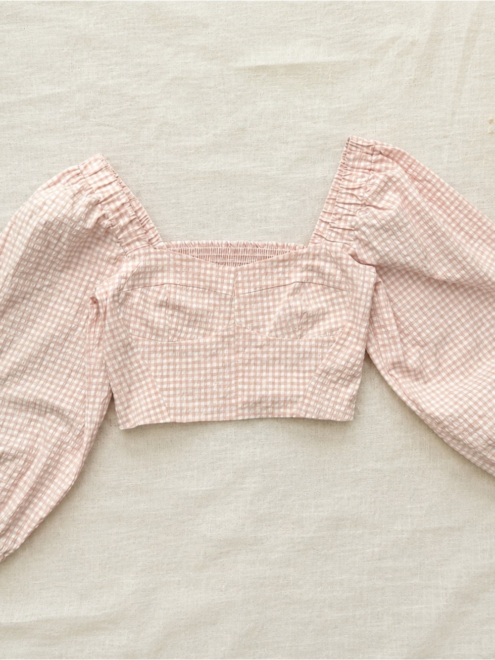 Square Neck Pink Gingham Puff Sleeve Crop Top